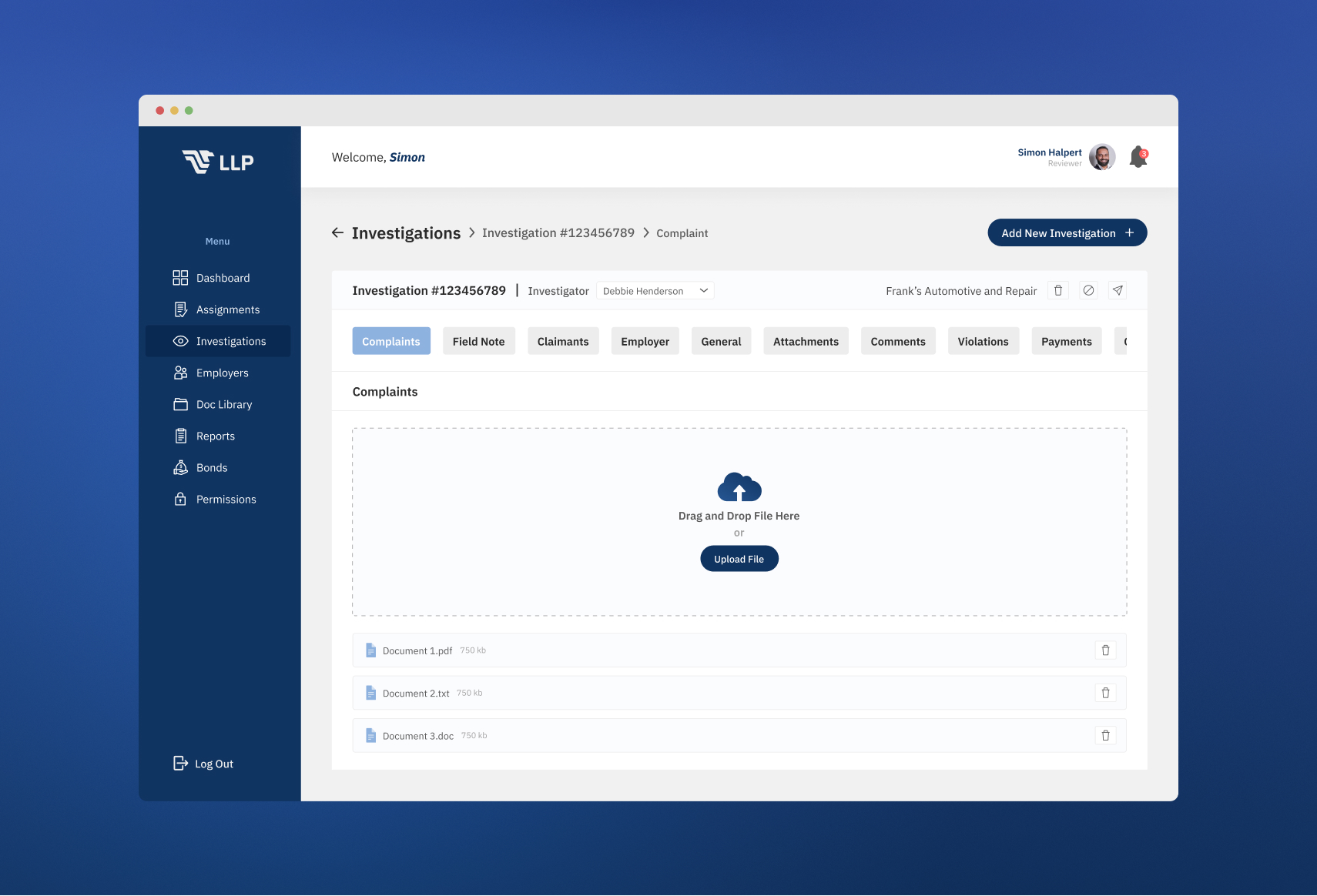 Investigation Complaints Screen